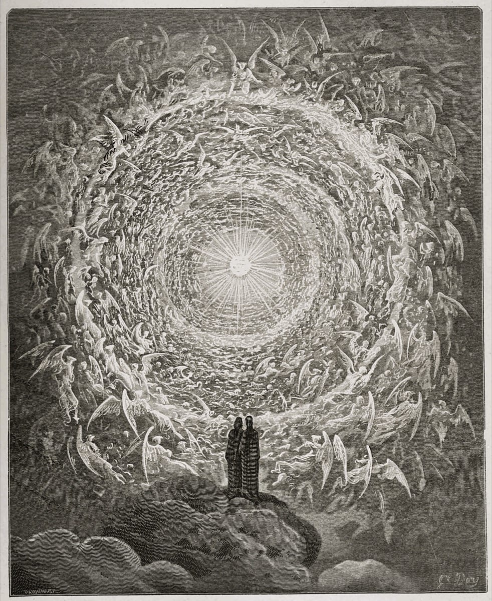 The saintly throng in the form of a rose: circles of angels around a point of light. Gustave Doré, Paradiso, Canto XXXI.